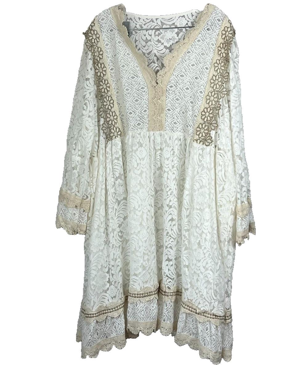 Via Veneto Midi Dress Women's Vintage Ivory Lace V-neck Flare Sleeves Boho Fairy